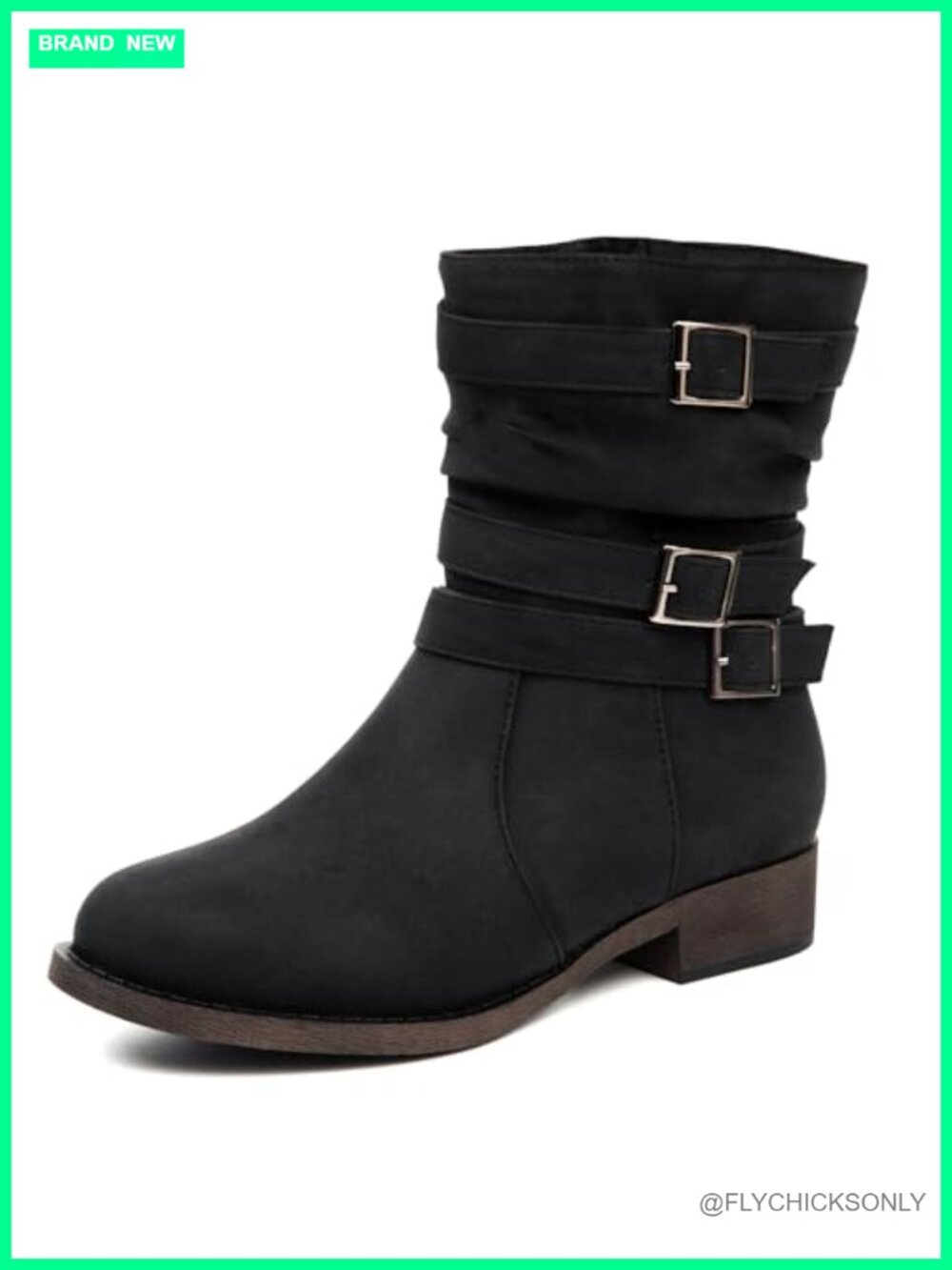 Mid-Calf Boots Low Heel Zipper Faux Leather Slouchy Motorcycle Womens